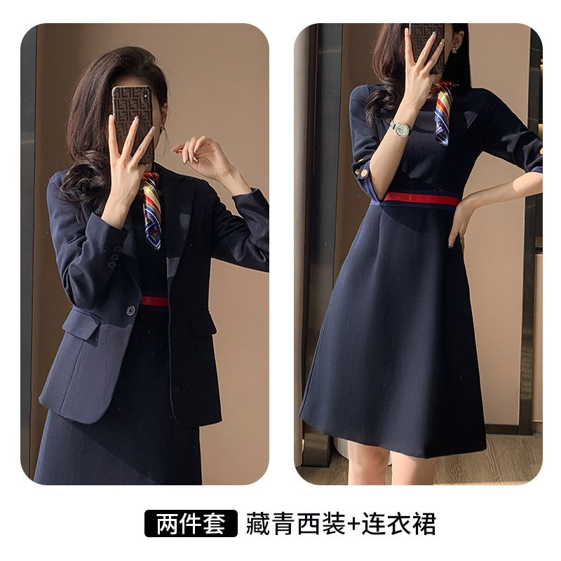Business Wear Womens Suit Temperament Goddess Fan Work Clothes Invoice New Suit Jacket dress Two-piece Set navy blue Suit_dress 