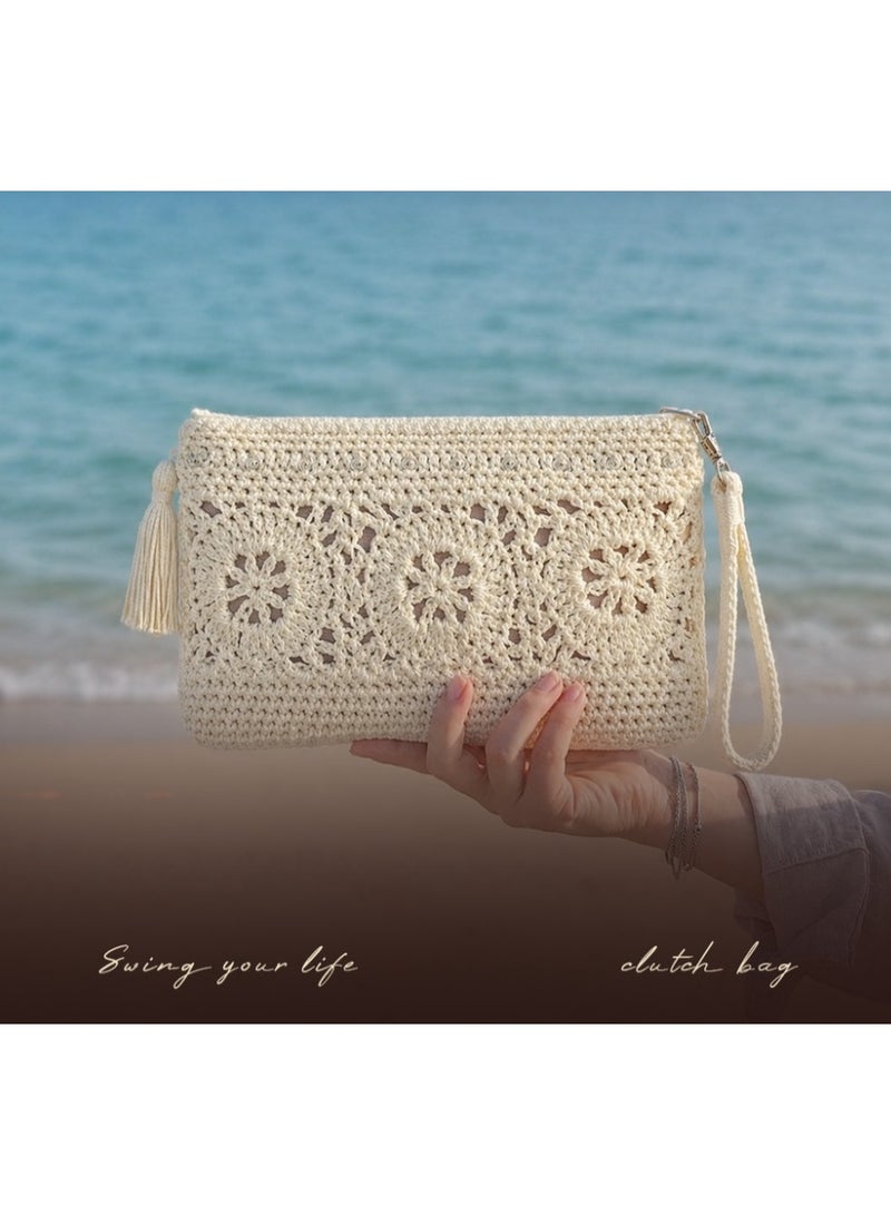 Antikiano Handmade Crochet Clutch Bag for Women – Boho Macrame Wristlet Purse – Elegant Cotton Clutch for Summer, Beach, Travel & Casual Outfit – Beige - Image 1