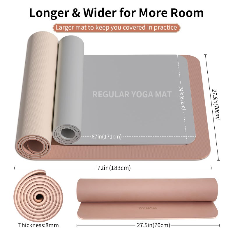 WOHAO Extra Thick 8mm Yoga Mat, 72"x28" Non Slip Exercise Mat, Reversible 2-Sided Dual Color Premium POE Material, with Carrying Strap for Yoga, Pilates, Home Gym - Image 5