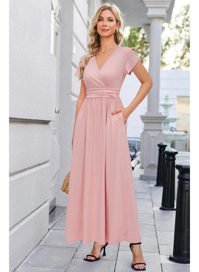 OUGES Maternity Dress Maxi Summer Short Sleeve Wrap V Neck Pregnancy Dresses for Photoshoot, Short Sleeve Pink, S - Image 2