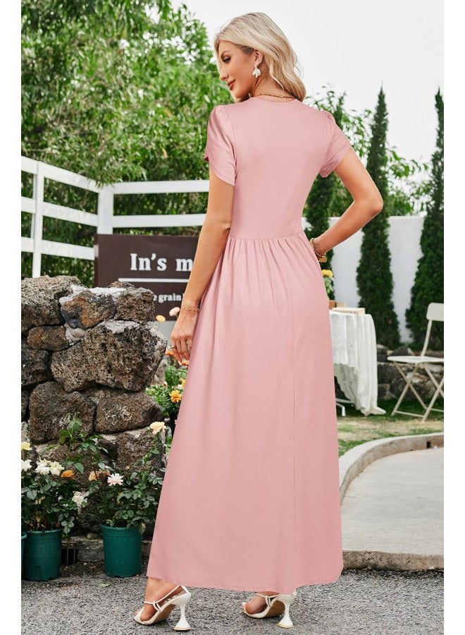 OUGES Maternity Dress Maxi Summer Short Sleeve Wrap V Neck Pregnancy Dresses for Photoshoot, Short Sleeve Pink, S - Image 5