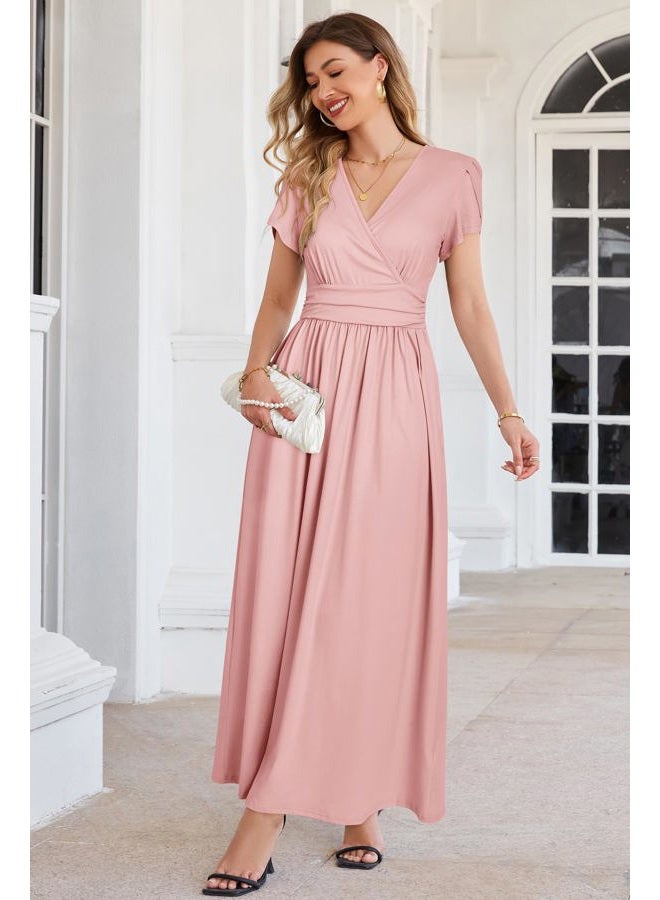 OUGES Maternity Dress Maxi Summer Short Sleeve Wrap V Neck Pregnancy Dresses for Photoshoot, Short Sleeve Pink, S - Image 4