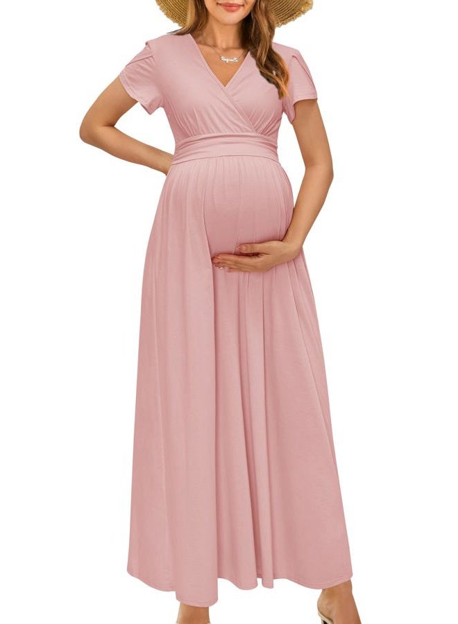 OUGES Maternity Dress Maxi Summer Short Sleeve Wrap V Neck Pregnancy Dresses for Photoshoot, Short Sleeve Pink, S - Image 1