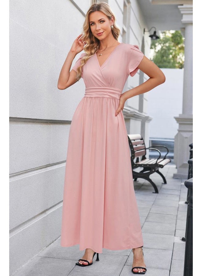 OUGES Maternity Dress Maxi Summer Short Sleeve Wrap V Neck Pregnancy Dresses for Photoshoot, Short Sleeve Pink, S - Image 3