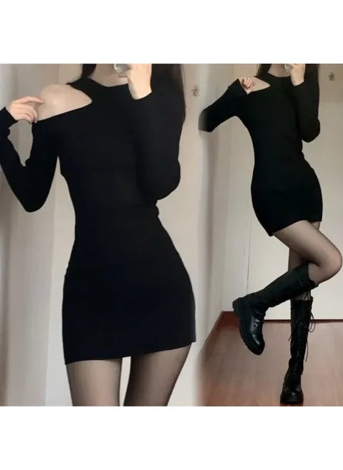 Generic Slim-Fit Off-Shoulder Knit Dress Autumn Black 