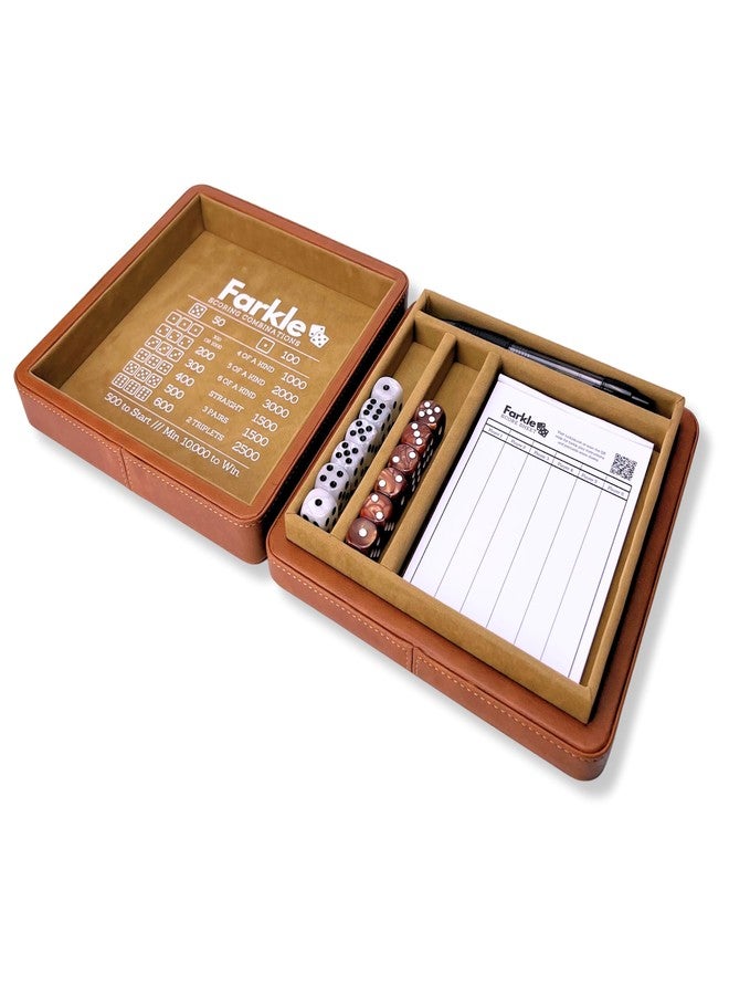Luck Lab Farkle Dice Tray and Storage Case - Includes Embedded Scoring Combinations, 2 Sets of 6 Pearl Dice, 40 Sheet Score Pad and Pen Holder for The Classic Family Game (Brown) - Image 5