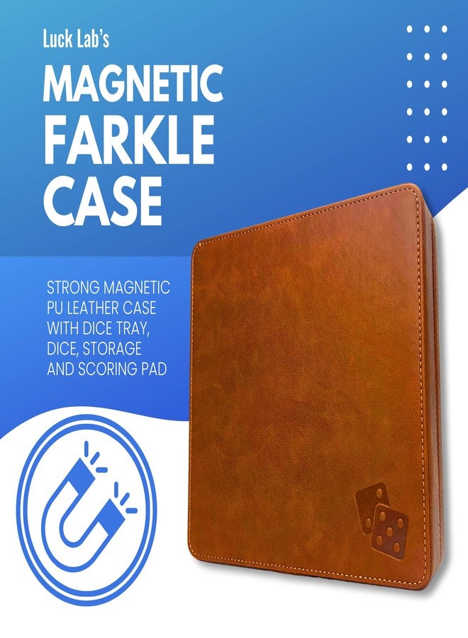 Luck Lab Farkle Dice Tray and Storage Case - Includes Embedded Scoring Combinations, 2 Sets of 6 Pearl Dice, 40 Sheet Score Pad and Pen Holder for The Classic Family Game (Brown) - Image 2