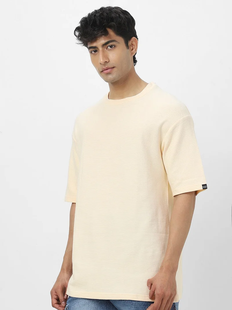 Urbano Fashion  Urbano Fashion Men's Cloud Cream Textured Round Neck Oversized Half Sleeve Cotton T-Shirt  | Best Price UAE