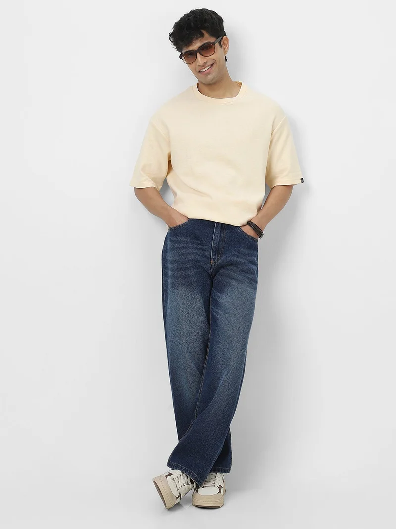 Urbano Fashion  Urbano Fashion Men's Cloud Cream Textured Round Neck Oversized Half Sleeve Cotton T-Shirt  | Best Price UAE