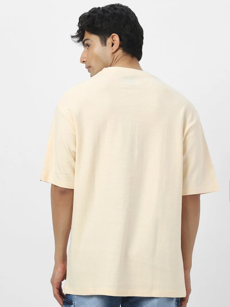 Urbano Fashion  Urbano Fashion Men's Cloud Cream Textured Round Neck Oversized Half Sleeve Cotton T-Shirt  | Best Price UAE