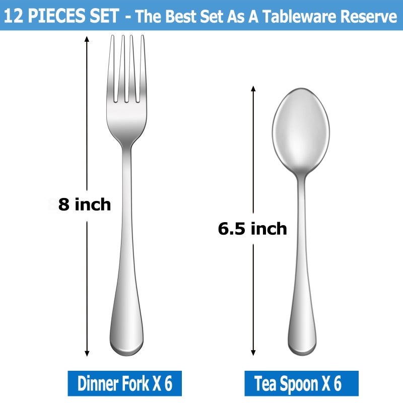 MUTNITT 12 Pcs Forks and Spoons Silverware Set,Food Grade Stainless Steel Flatware Cutlery Set for Home,Kitchen and Restaurant,Mirror Polished,Dishwasher Safe - 6 Dinner Fork(8 inch) and 6 Teaspoon(6.5 inch) - Image 2