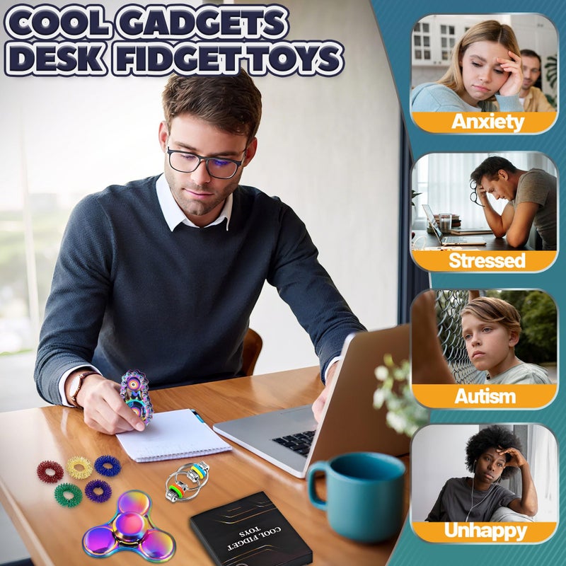 Chilvil 8Pcs Fidget Toys Adults Fidgets Spinner Autism Sensory Pack Spiky Sensory Rings for Anxiety Metal Bike Chain Roller Cool Gadgets for Teen Boys ADHD Silent Stress Relief Office Desk Toy Adults Gift - Image 5