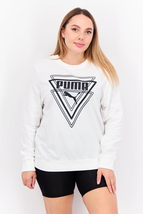 سويت شيرت نسائي بأكمام طويلة وقصة عادية، أبيض