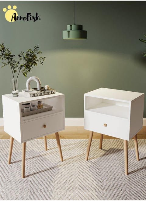 2Pcs 45*35*60cm Nightstand with Drawer Home Bedside Table 2-Tier Modern Nightstands End Coffee Table with Open Storage Shelf for Bedrooms