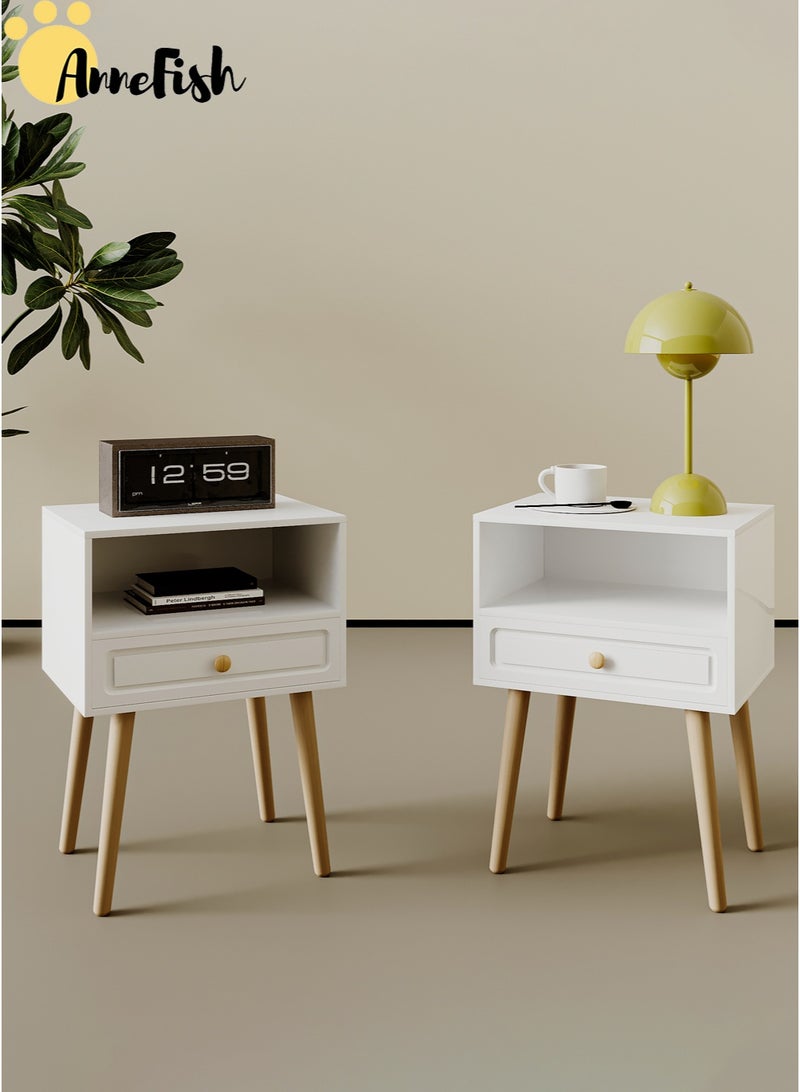 AnneFish 2Pcs 45*35*60cm Nightstand with Drawer Home Bedside Table 2-Tier Modern Nightstands End Coffee Table with Open Storage Shelf for Bedrooms - Image 1