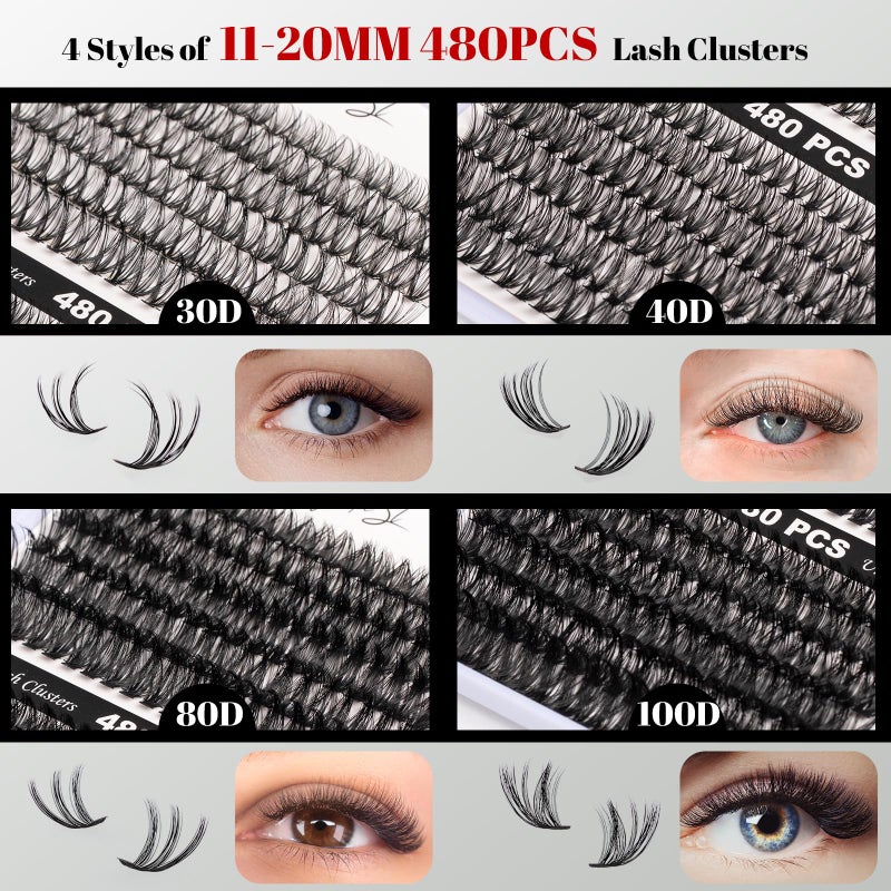 Magnetic SL Lash Clusters 480 Clusters 60D 80D Thick Eyelash Extension 30D 40D Individual Eyelashes 11-20mm False Eyelash Multi-Style DIY Lash Extensions for Beginners(30D-80D-D, 11-20MIX) - Image 2