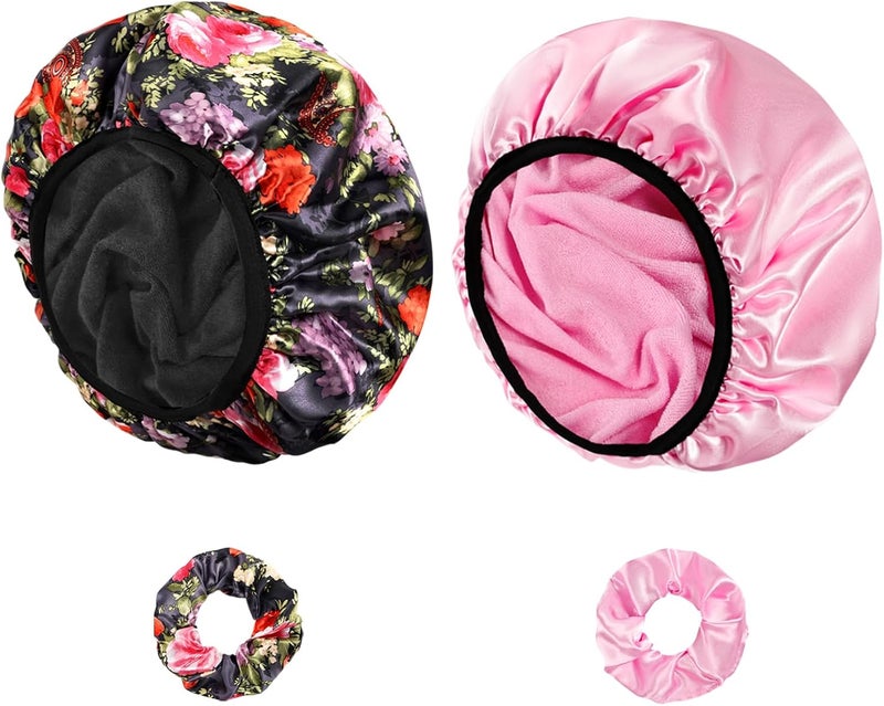 Happtiger Shower Cap for Women, 2 PCS 3 Layers Terry Lined Shower Caps + 2 Satin Scrunchies, Waterproof Terry Cloth Bath Caps Elastic and Reusable Hair Cap for Shower - (Pink+Flower A) - Image 1