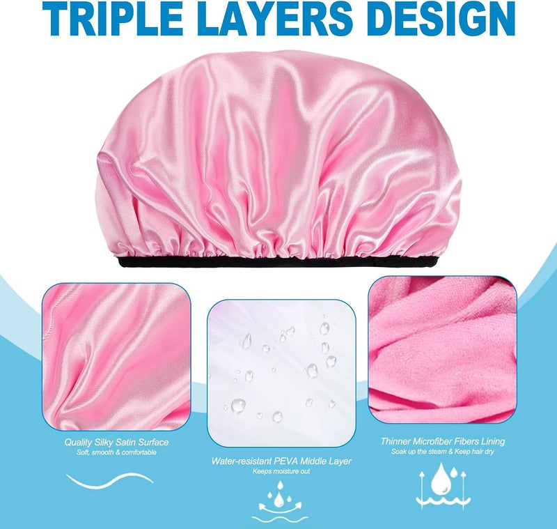 Happtiger Shower Cap for Women, 2 PCS 3 Layers Terry Lined Shower Caps + 2 Satin Scrunchies, Waterproof Terry Cloth Bath Caps Elastic and Reusable Hair Cap for Shower - (Pink+Flower A) - Image 3
