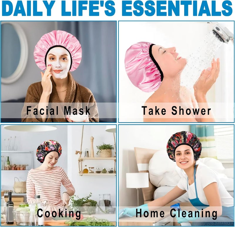 Happtiger Shower Cap for Women, 2 PCS 3 Layers Terry Lined Shower Caps + 2 Satin Scrunchies, Waterproof Terry Cloth Bath Caps Elastic and Reusable Hair Cap for Shower - (Pink+Flower A) - Image 4