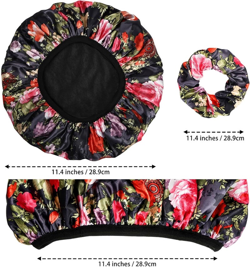 Happtiger Shower Cap for Women, 2 PCS 3 Layers Terry Lined Shower Caps + 2 Satin Scrunchies, Waterproof Terry Cloth Bath Caps Elastic and Reusable Hair Cap for Shower - (Pink+Flower A) - Image 2