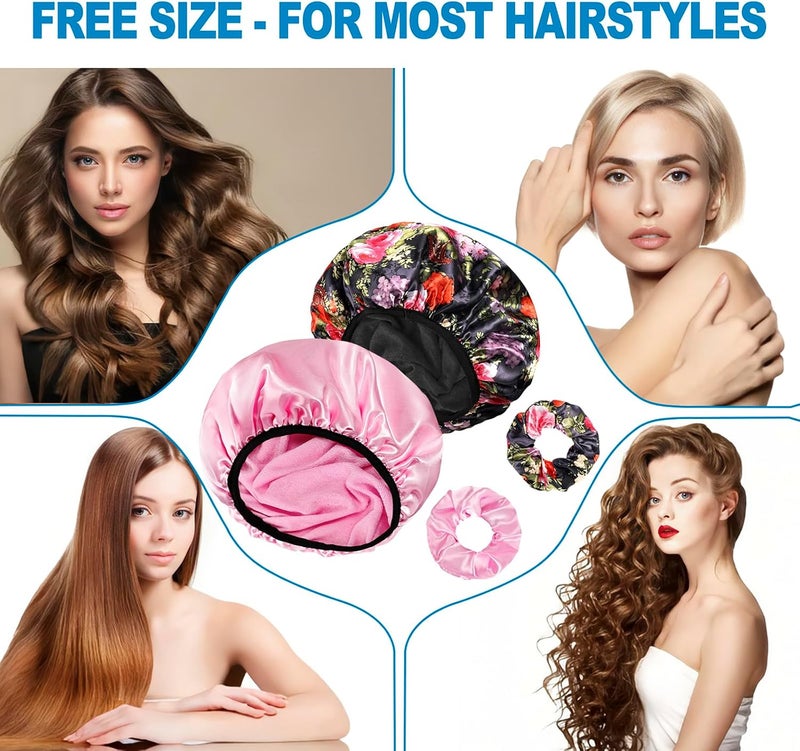 Happtiger Shower Cap for Women, 2 PCS 3 Layers Terry Lined Shower Caps + 2 Satin Scrunchies, Waterproof Terry Cloth Bath Caps Elastic and Reusable Hair Cap for Shower - (Pink+Flower A) - Image 5