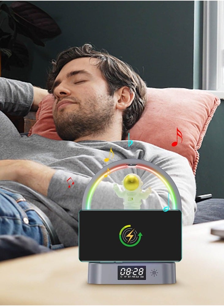 SYOSI - Alarm Clock with Wireless Charging, Astronaut Decorative Bluetooth Speaker, 3 in 1 Dimmable Night Light with Alarm, 15W Fast Wireless Charger, Mood Light with 4 Light Color Modes - Image 1