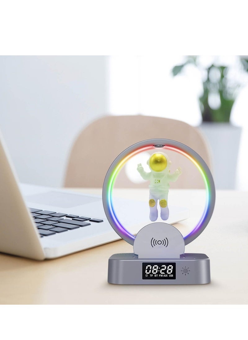 SYOSI - Alarm Clock with Wireless Charging, Astronaut Decorative Bluetooth Speaker, 3 in 1 Dimmable Night Light with Alarm, 15W Fast Wireless Charger, Mood Light with 4 Light Color Modes - Image 1