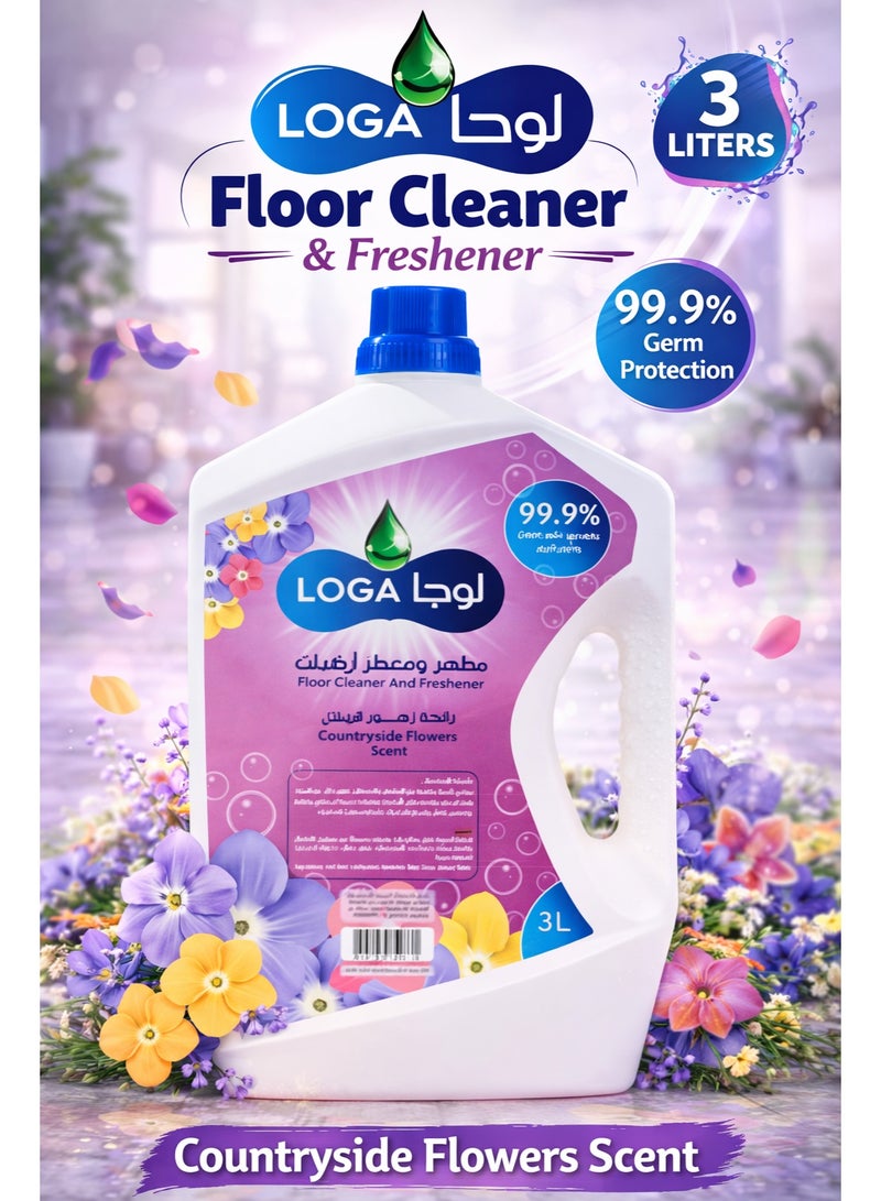LOGA Floor Cleaner & Freshener 3 Liters – Countryside Flowers Scent, 99.9% Germ Protection, Multi-Surface Disinfectant Liquid