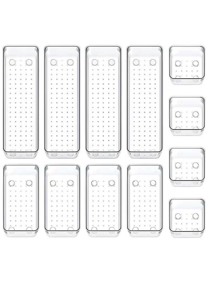مجموعة منظم ادراج 12 قطعة، وحدات ادراج تخزين بـ3 احجام، منظم مكياج بلاستيكي شفاف وصناديق تخزين للمكياج والقرطاسية وادوات متعددة للحمام والمكتب وغرفة النوم - Image 1