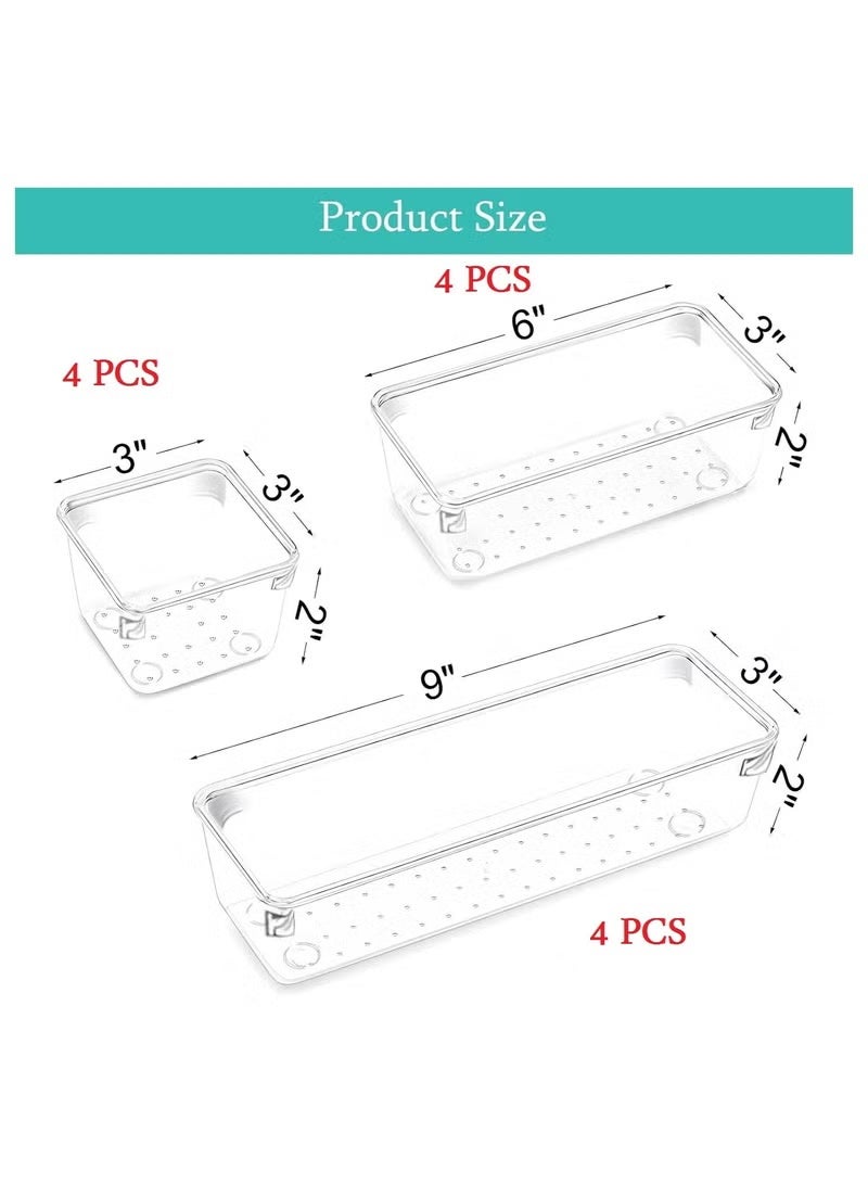 مجموعة منظم ادراج 12 قطعة، وحدات ادراج تخزين بـ3 احجام، منظم مكياج بلاستيكي شفاف وصناديق تخزين للمكياج والقرطاسية وادوات متعددة للحمام والمكتب وغرفة النوم - Image 2