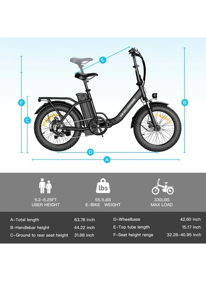 حصان الريح دراجة كهربائية قابلة للطي للطرق الوعرة W4B 750 واط، بطارية قابلة للإزالة 48 فولت 15.6 أمبير، سرعة 40 كم/ساعة، مدى 45-60 كم، شاشة LCD كبيرة، إطارات سميكة 20 بوصة، Shimano 7 سرعات، إطار من سبائك الكربون - Image 2