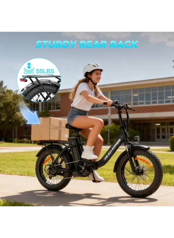 حصان الريح دراجة كهربائية قابلة للطي للطرق الوعرة W4B 750 واط، بطارية قابلة للإزالة 48 فولت 15.6 أمبير، سرعة 40 كم/ساعة، مدى 45-60 كم، شاشة LCD كبيرة، إطارات سميكة 20 بوصة، Shimano 7 سرعات، إطار من سبائك الكربون - Image 5