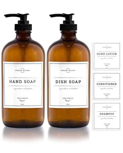 Vine Creations Amber Glass Soap Dispenser 2 Pack Kitchen Soap Dispenser Set with Rustproof Pump 16 oz Dish Soap and Hand Soap Dispensers for Bathroom with Waterproof Labels