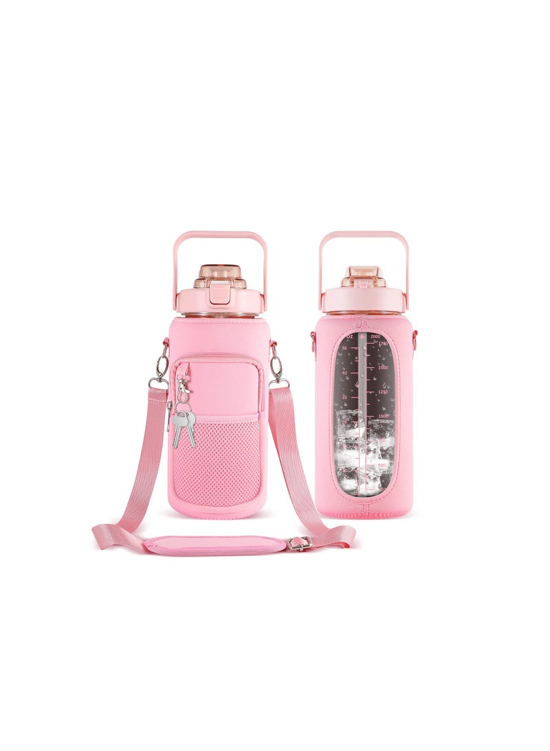 KASTWAVE Inspirational Water Bottle with Straw & Time Marker to Drink, Leakproof BPA Free Sport Water Jug, 2000ML Half Gallon Water Bottle with Sleeve for Daily Workout Gym Sport, Pink - Image 1