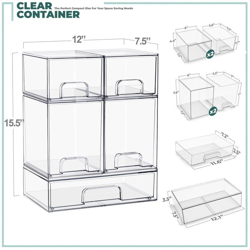 Sorbus Stackable Acrylic Storage Drawers â€“ 2 Small + 2 Tall + 1 Wide â€“ 5 Pack Clear Plastic Organizer Bins for Baby Bottles, Makeup, Bathroom & Vanity, Pull-Out Drawer Design for Kitchen Cabinets - Image 5
