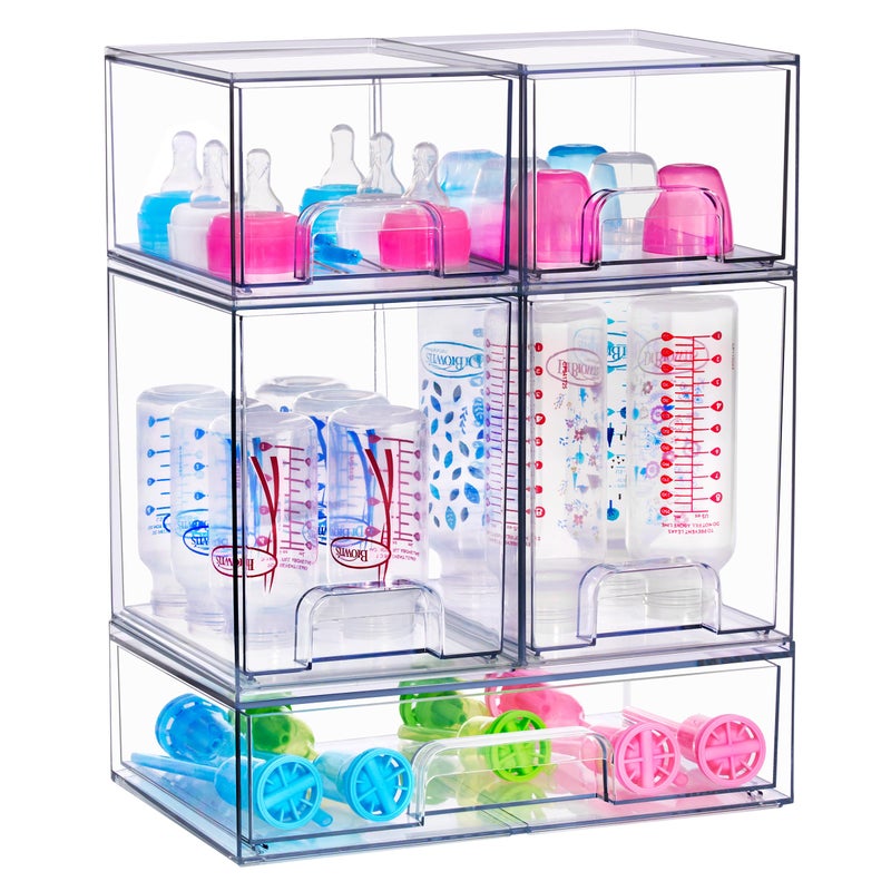 Sorbus Stackable Acrylic Storage Drawers â€“ 2 Small + 2 Tall + 1 Wide â€“ 5 Pack Clear Plastic Organizer Bins for Baby Bottles, Makeup, Bathroom & Vanity, Pull-Out Drawer Design for Kitchen Cabinets - Image 1