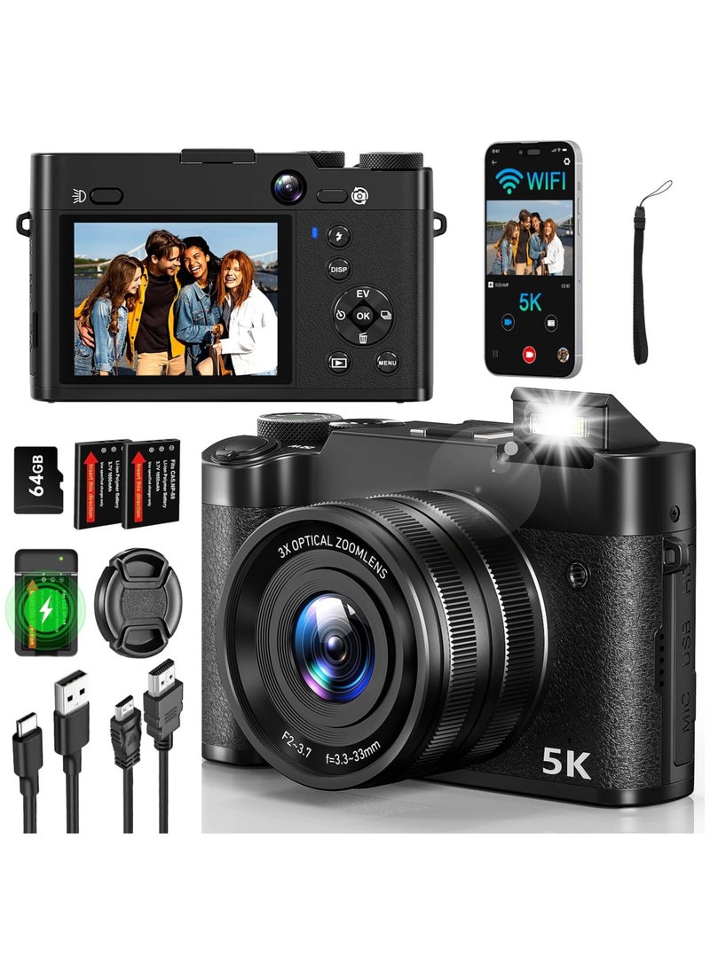 KADIP 5K 64MP Digital Camera 3X Optical Zoom, WiFi Cameras for Photography & Video, Autofocus Travel Vlogging Camera for YouTube, 64GB Card, 2 Batteries  - Image 1