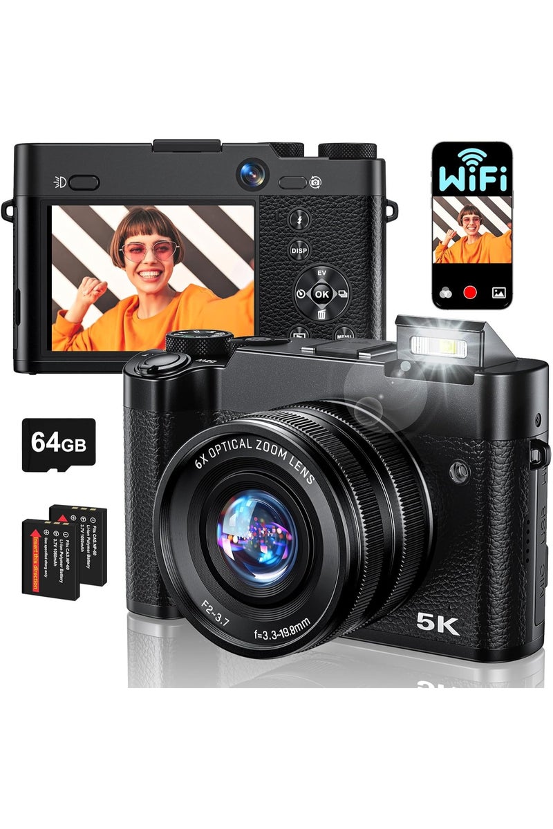 KADIP 5K 64MP Digital Camera 6X Optical Zoom, WiFi Cameras for Photography & Video, Autofocus Travel Vlogging Camera for YouTube, 64GB Card, 2 Batteries - Image 1
