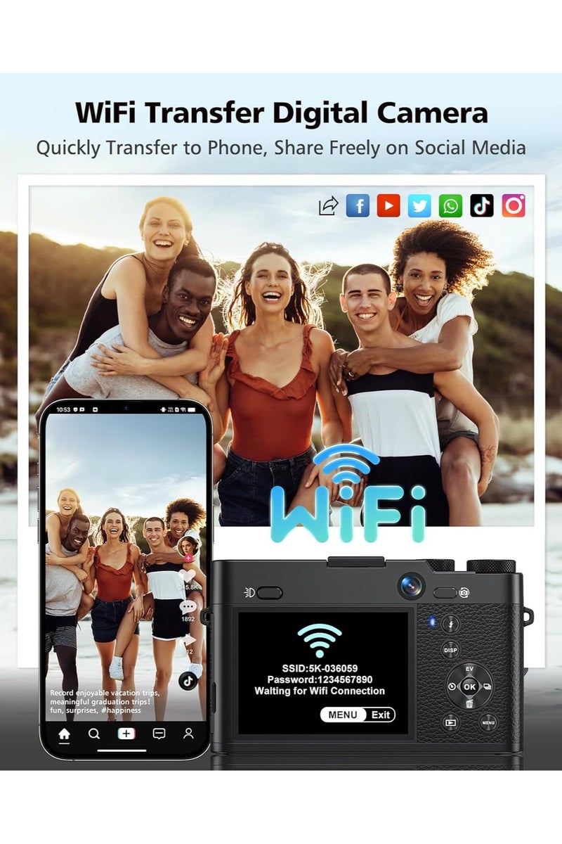 KADIP 5K 64MP Digital Camera 6X Optical Zoom, WiFi Cameras for Photography & Video, Autofocus Travel Vlogging Camera for YouTube, 64GB Card, 2 Batteries - Image 4