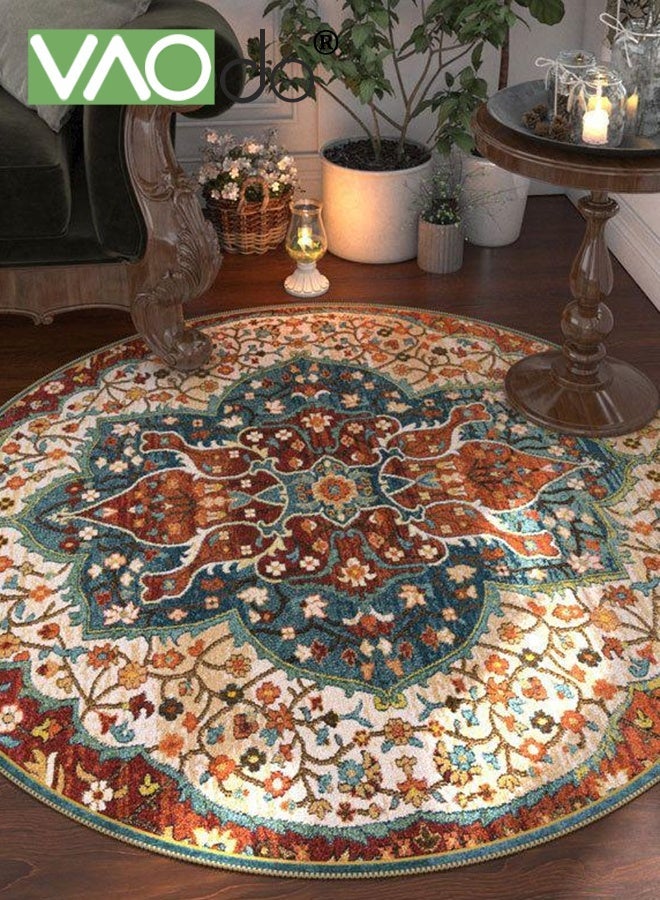 فاو دو سجادة دائرية بزخارف نباتية جميلة، سجادة دائرية منخفضة الوبر ومقاومة للانزلاق، سجادة دائرية بزخارف نباتية عتيقة لغرفة النوم وغرفة المعيشة وغرفة الدراسة 140*140 سم - Image 1