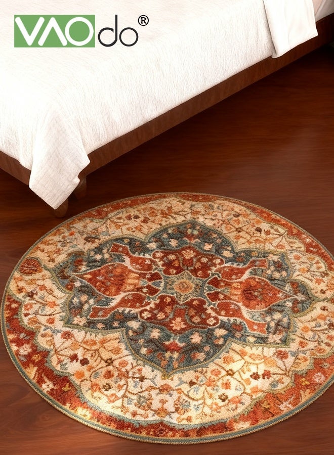 فاو دو سجادة دائرية بزخارف نباتية جميلة، سجادة دائرية منخفضة الوبر ومقاومة للانزلاق، سجادة دائرية بزخارف نباتية عتيقة لغرفة النوم وغرفة المعيشة وغرفة الدراسة 140*140 سم - Image 2
