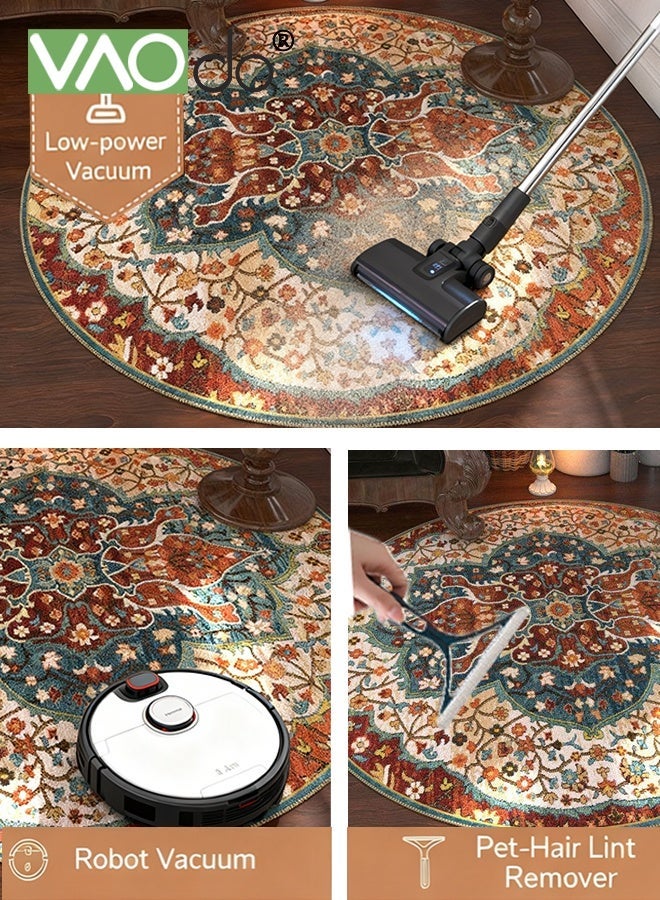 فاو دو سجادة دائرية بزخارف نباتية جميلة، سجادة دائرية منخفضة الوبر ومقاومة للانزلاق، سجادة دائرية بزخارف نباتية عتيقة لغرفة النوم وغرفة المعيشة وغرفة الدراسة 140*140 سم - Image 4