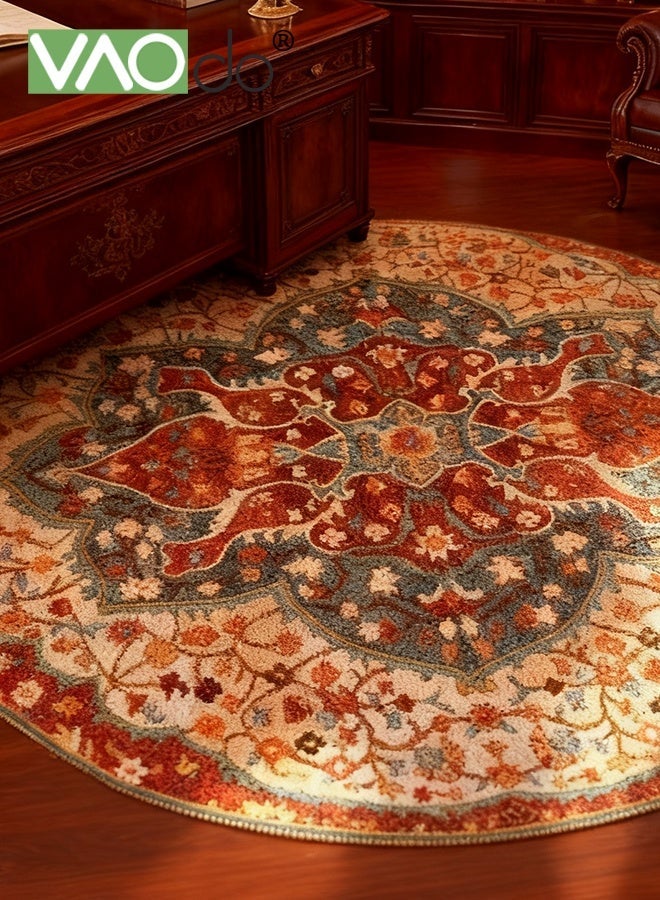 فاو دو سجادة دائرية بزخارف نباتية جميلة، سجادة دائرية منخفضة الوبر ومقاومة للانزلاق، سجادة دائرية بزخارف نباتية عتيقة لغرفة النوم وغرفة المعيشة وغرفة الدراسة 140*140 سم - Image 5