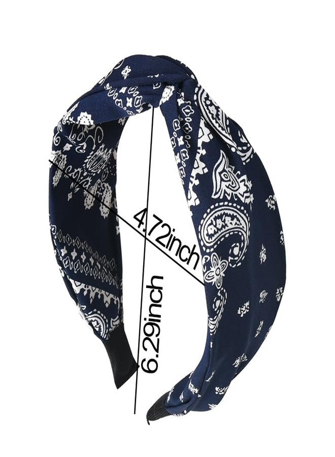 Guqqeuc Knotted Bandana Headband Paisley Boho Hairband for Women Girls Pattern Turban Head Bands for Women Wide Twist Hair Bands for Short Long Hair Accessories, Navy Blue - Image 2