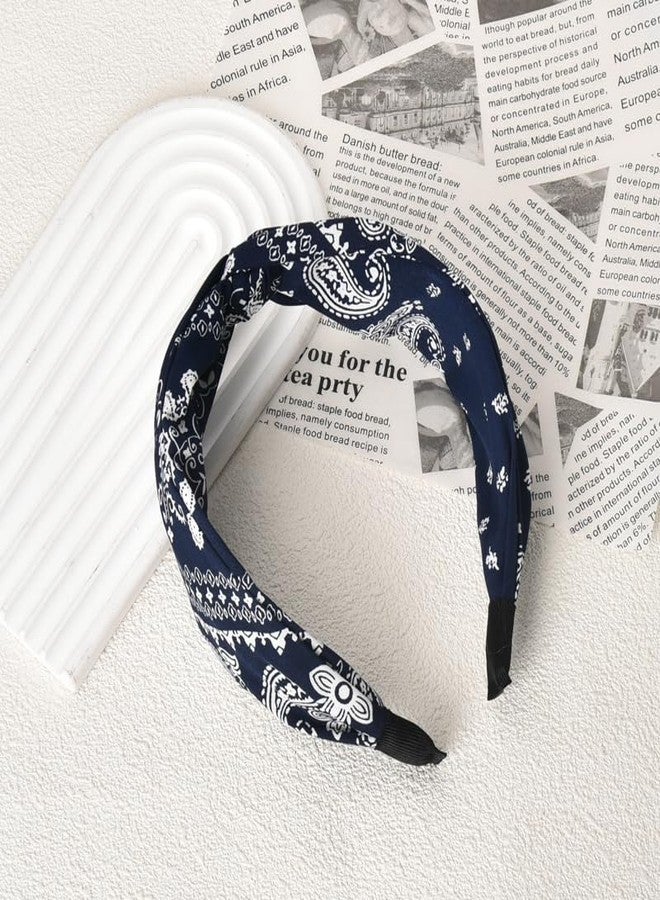 Guqqeuc Knotted Bandana Headband Paisley Boho Hairband for Women Girls Pattern Turban Head Bands for Women Wide Twist Hair Bands for Short Long Hair Accessories, Navy Blue - Image 3