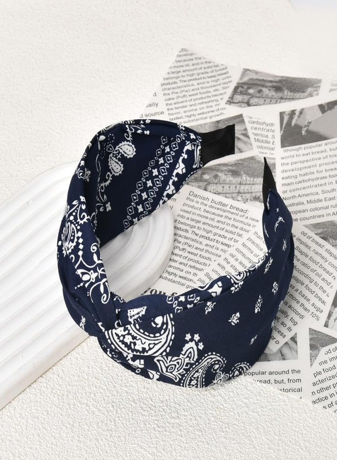 Guqqeuc Knotted Bandana Headband Paisley Boho Hairband for Women Girls Pattern Turban Head Bands for Women Wide Twist Hair Bands for Short Long Hair Accessories, Navy Blue - Image 4
