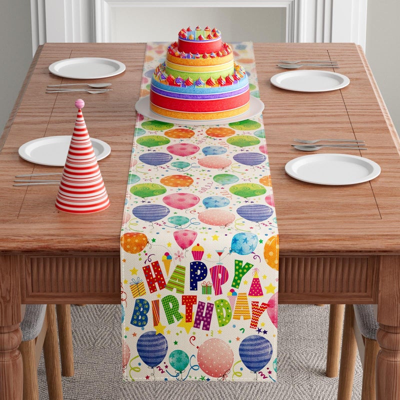 XCHI Happy Birthday Colorful Balloons Confetti Stars Table Runner Burlap Table Decoration for Home Kitchen Dining Dinner Indoor Holiday Party Farmhouse Decor 13x72 Inch - Image 2