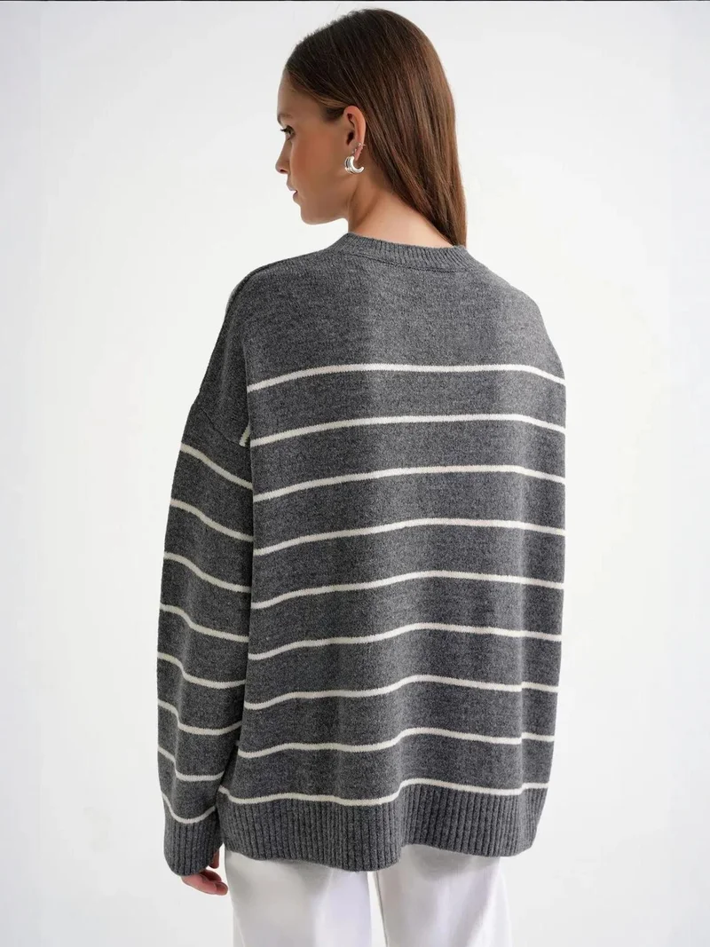 Mixray Dark Grey Striped Crew Neck Relaxed Knit Pullover Sweater for Women | Best Price UAE