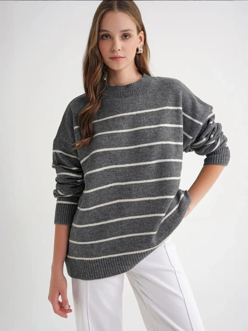 Mixray Dark Grey Striped Crew Neck Relaxed Knit Pullover Sweater for Women | Best Price UAE