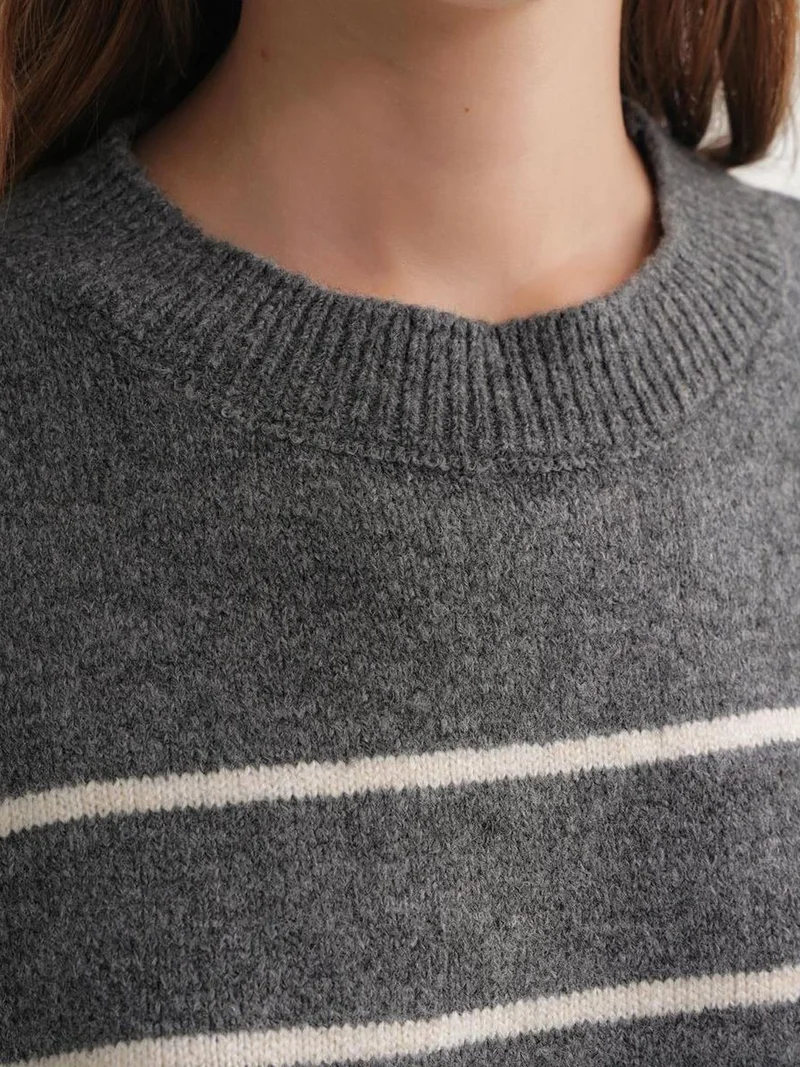 Mixray Dark Grey Striped Crew Neck Relaxed Knit Pullover Sweater for Women | Best Price UAE